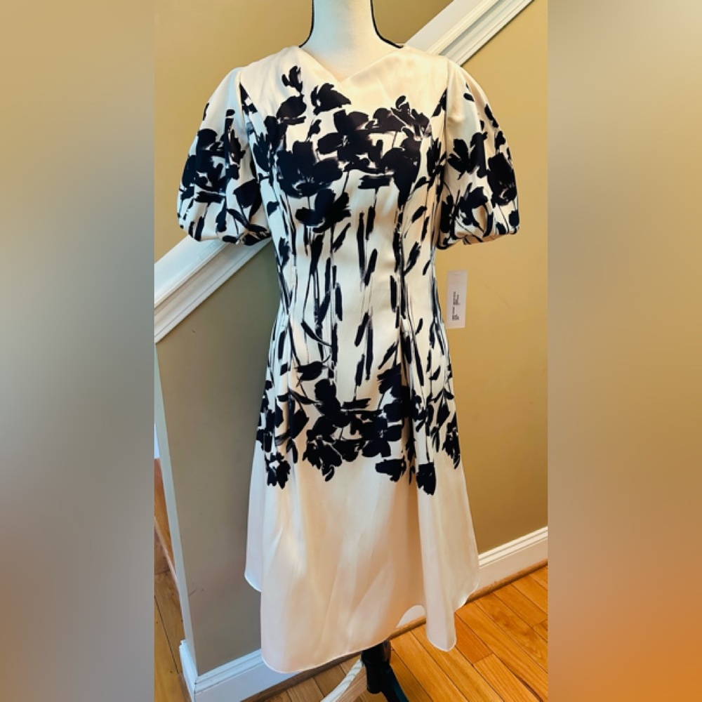 rickie freeman teri jon dress Sz#10  Midi A Line Short Ivory-black Retail 700$